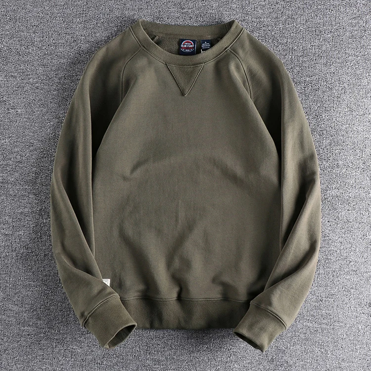 1561# Spring Autumn New 360g American Retro Solid Color Sweatshirts Men's Simple 100% Cotton Washed Pullover Casual Sportwear