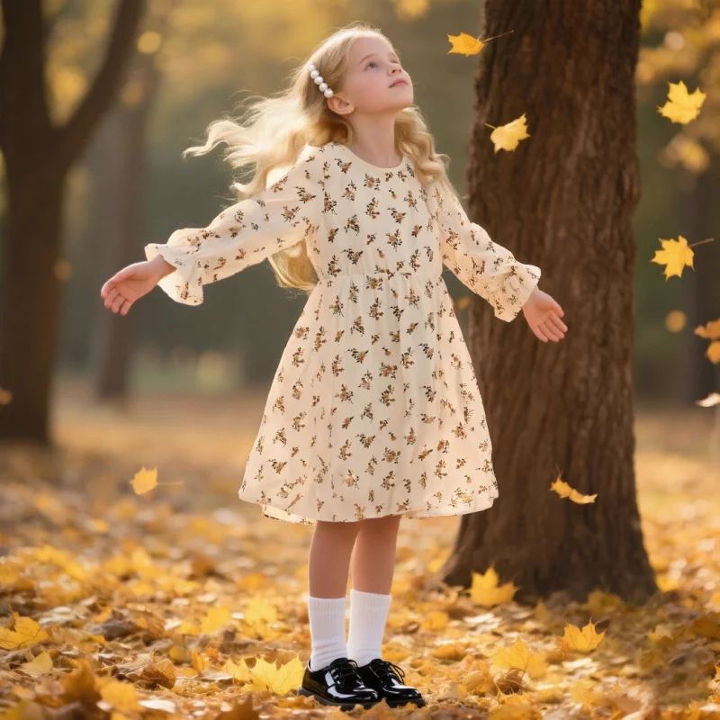 Gaun Lengan Panjang Motif Bunga Musim Semi dan Gugur 2025 untuk Anak Perempuan, Gaun Putri Model A dengan Pinggiran Daun Teratai, Kasual Serbaguna Retro