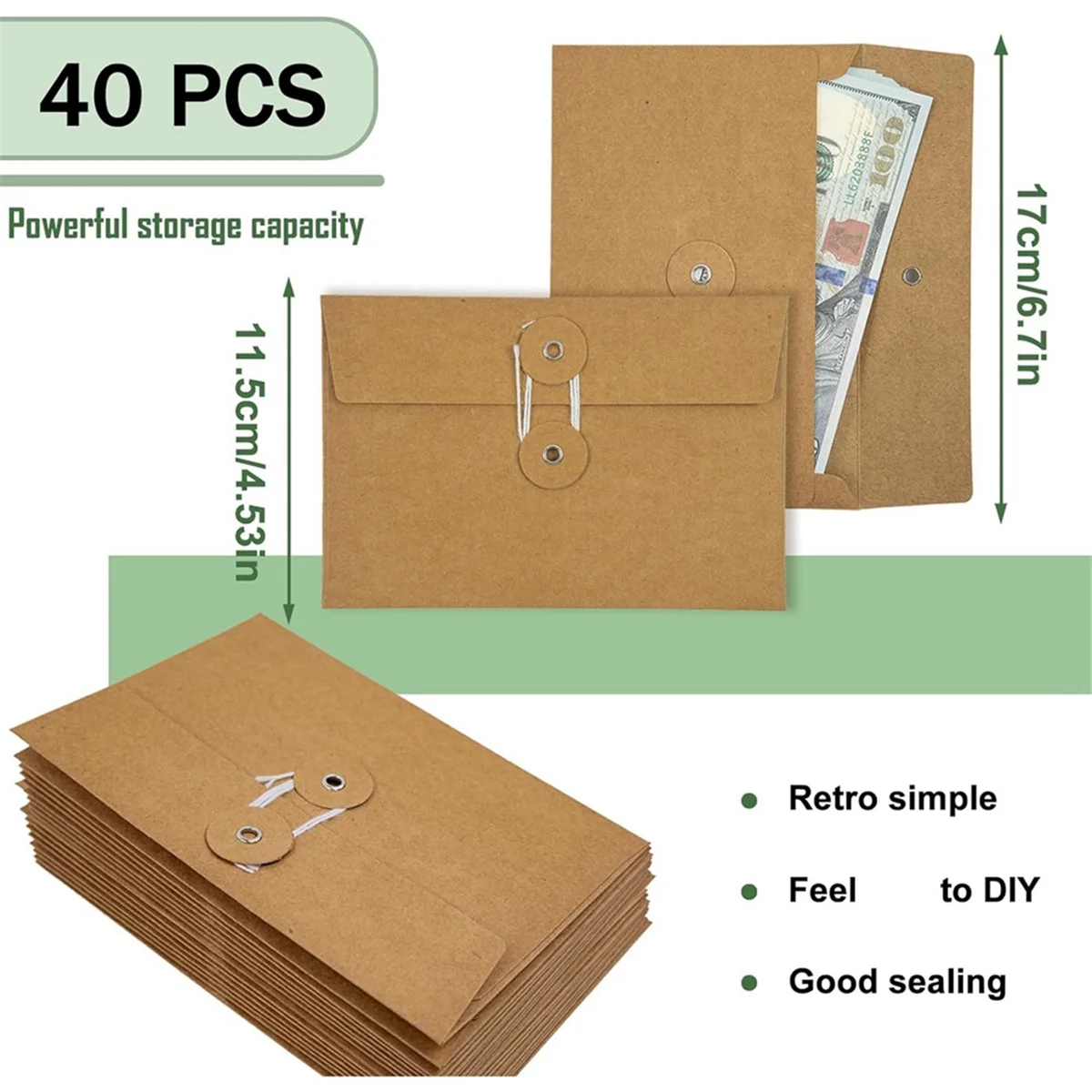 AD29-40 Pcs Kraft Paper Envelopes with String Tie Closure Project Pockets Document Organizer, 4.53 x 6.7 Inches