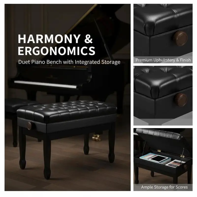 Duet Keyboard Bench 29.5" x 14" x 20.3" For Music Studio Home Practice Performance Room, Adjustable Height Padded Cushion Music Book Storage Compartment Wooden Furniture Seat Bedroom Vanity Use view 3