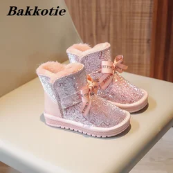 Grils Snow Boots  2022 Winter Kids Fashion Brand Princess Ankle Warm Fur Shoes Toddler Cute Bowtie Glitter Water proof Platform