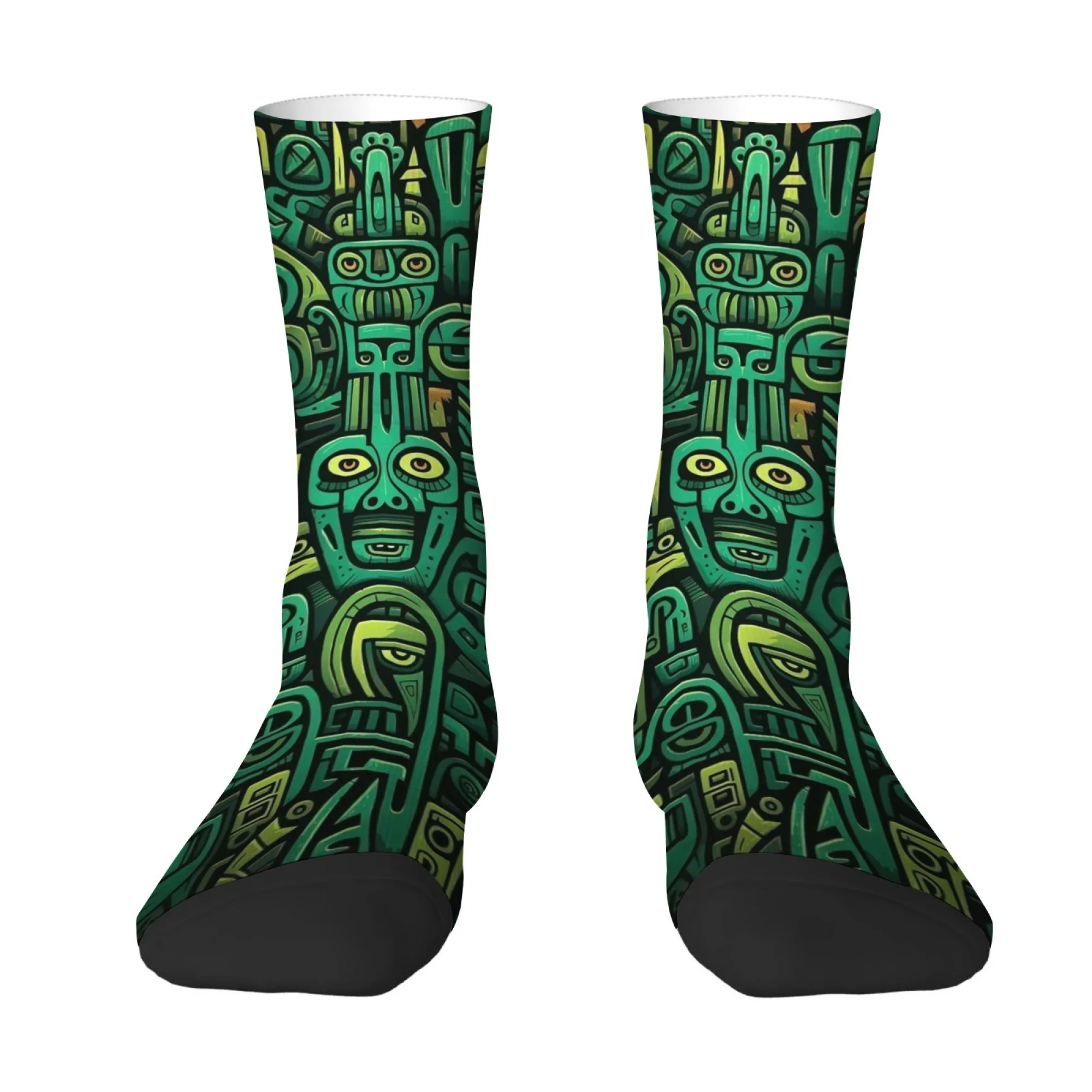 Folk Culture Socken, geheimnisvoller Retro-Tribal-Totem-Print, mittellange Socken, grün, Cultural Adventure, Street Style, bequeme, weiche Socken