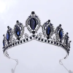 DIEZI Baroque Queen Crystal Tiara Crown For Women Party Vintage Bridal Princess Blue Rhinestone Crown Hair Dress Accessories