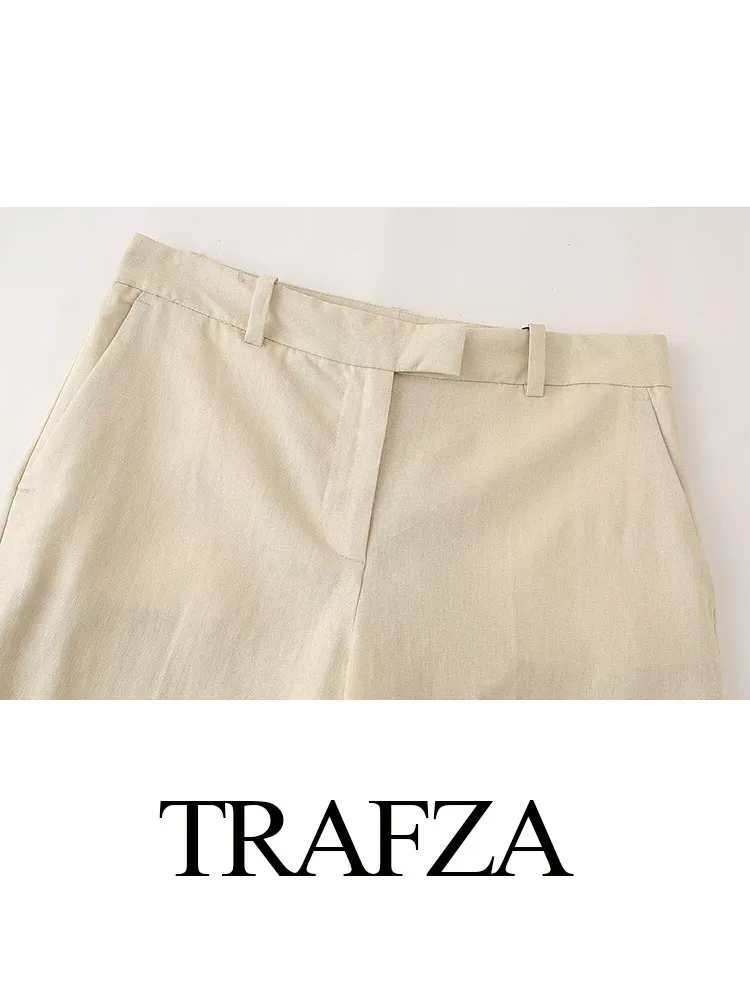 TRAFZA Women Summer New Fashion Long Pants Solid Low Waist Pockets Zipper Trousers Female Casual Straight Pant Linen Pants