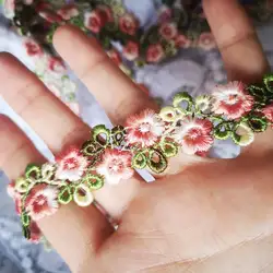 2yards 2cm wide Pink Green Lace Trim Craft Flower Polyester Lace Fabric Venise Floral Embroidered Applique Decorated Lace Ribbon