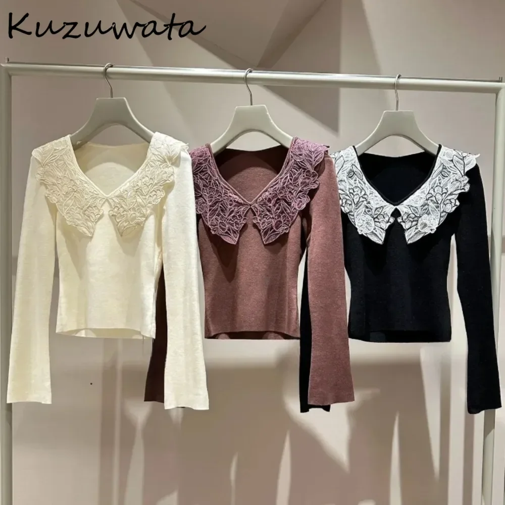 Kuzuwata Early Spring New Lace Patchwork Pullovers V Neck Slim Undershirt All-match Jumper Japan Knitted Lovely Literary Sweater