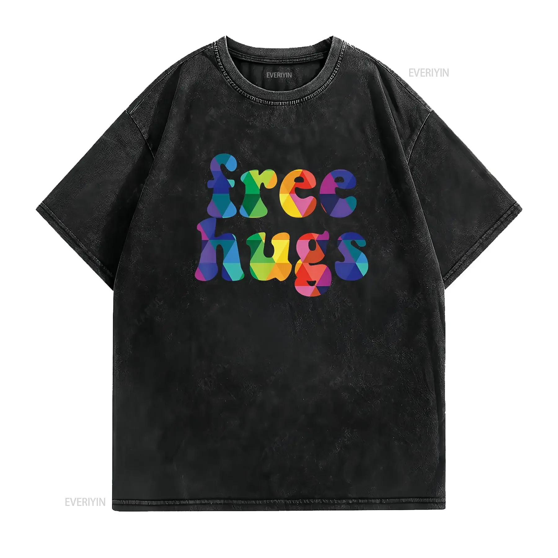 تي شيرت ملون مجاني للعناق لها أو له قوس قزح عتيق مغسول برسومات ناعمة قابلة للتنفس للجنسين ملابس خروج عصرية غير رسمية