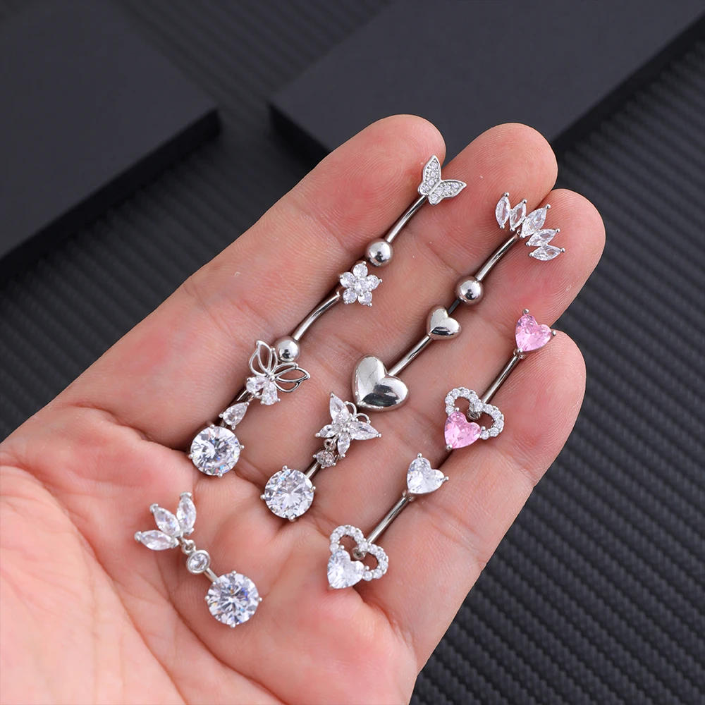 Mixed-Style Butterfly Dangle Belly Button Rings for Women Fashion Heart Cross Crystals CZs Stainless Steel Navel Belly Piercing