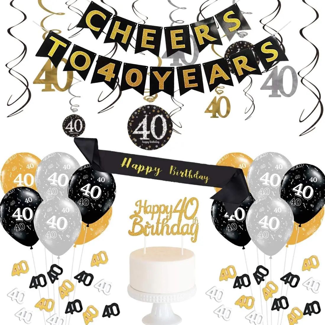 

40th Birthday Decorations Black and Gold for Men or Women Cheers To 40th Years Banner 40 Confetti Forty Birthday Party Suppliers