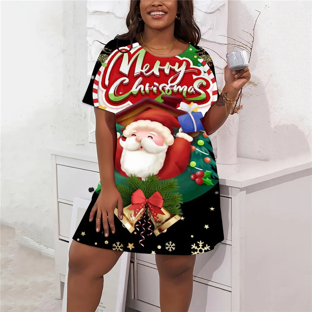 Christmas Party Mini Dress Women Cartoon Santa Claus Print Loose Dress Plus Size Fashion Casual Short Sleeve Dresses Winter 2024