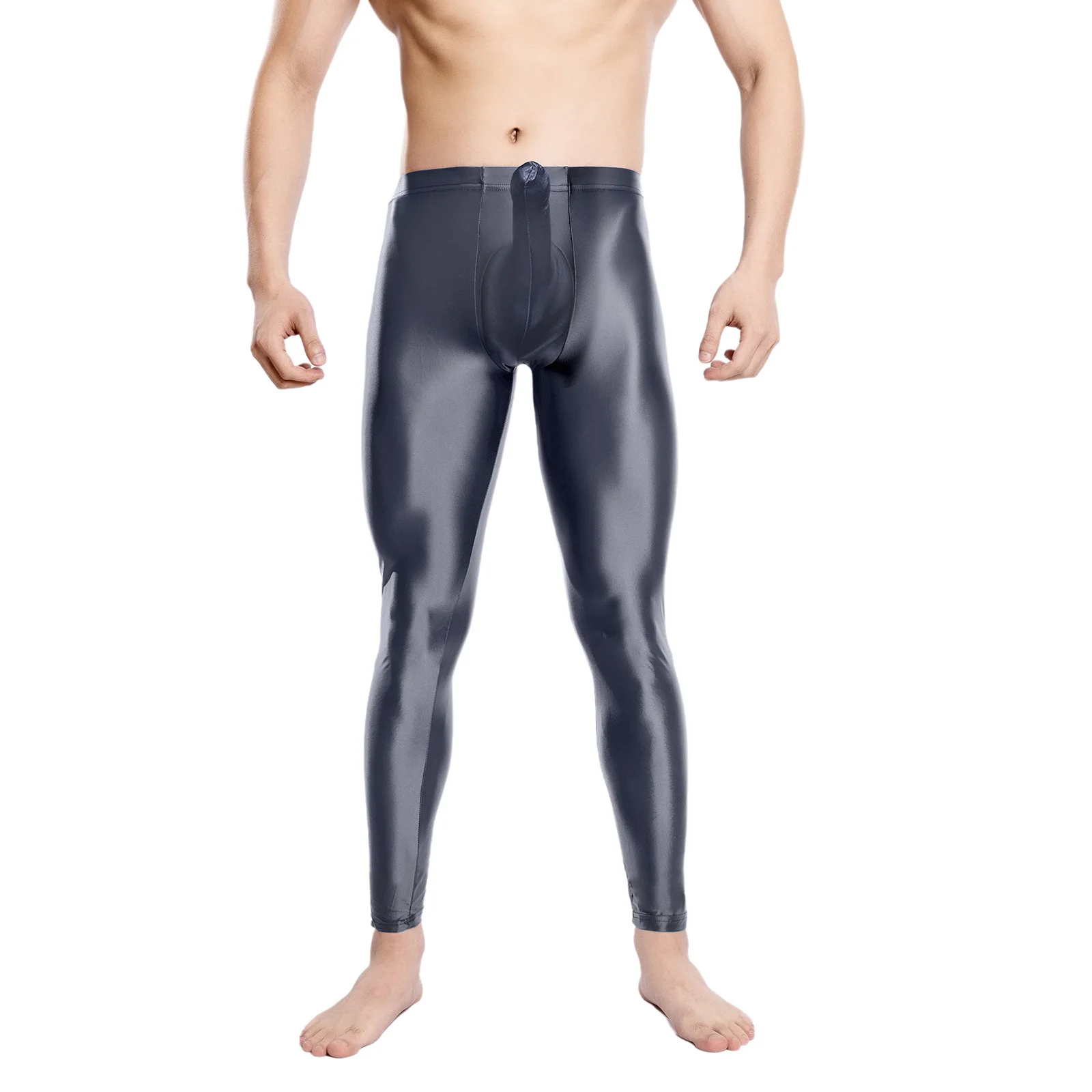 Mens Lingerie Penis Hole Sheath Pouch Tights Pants Glossy Stretchy Tights Sheath Pouch Leggings Compression See Through Trousers