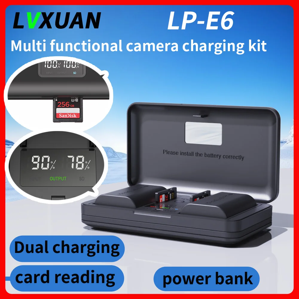 LP-E6 Battery+LCD Charger for Canon 60D, 70D, 80D, 5DS R, 5D Mark II III IV, 6D, 7D, C700, XC15, Cameras  Card Reading Functions