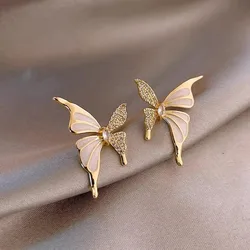 Korean New Chic Butterfly Stud Earrings For Women Inlaid Zircon Pearl Butterfly Flower Earring Gold Color Luxury Jewelry Gifts