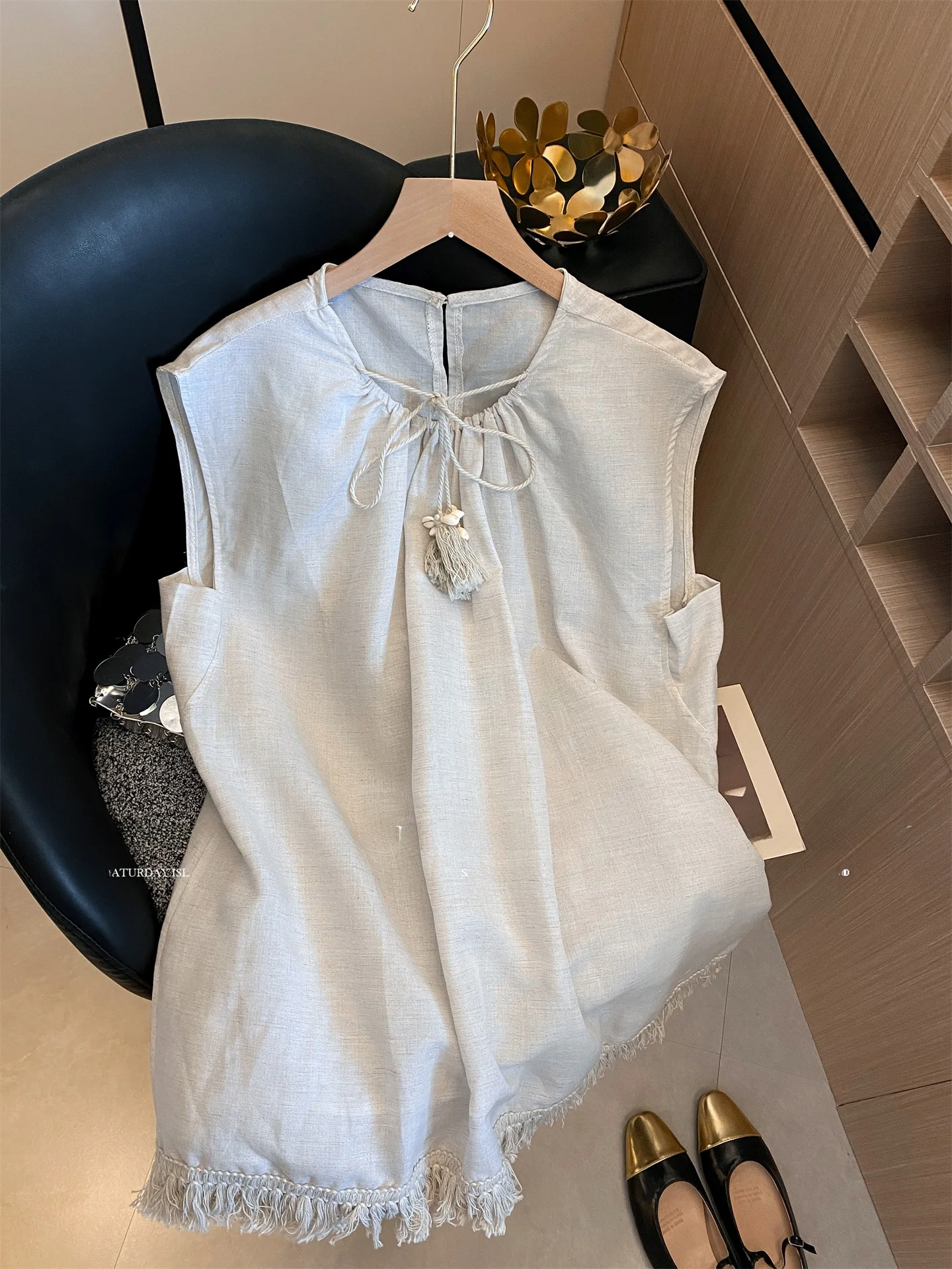 

Tassel Splice Belted Original Linen round Ne Svel Vest Women's Summer New Faion Unique Small Top Commute Sle Loos...