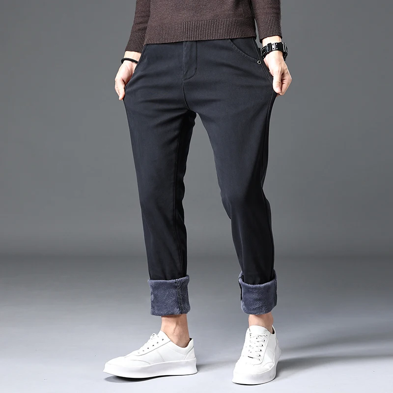 

Winter 2025 New Men's Fleece Casual Pants Thick Fashion Straight Slim Warm Casual Business Office Brand Fashion Men Trousers