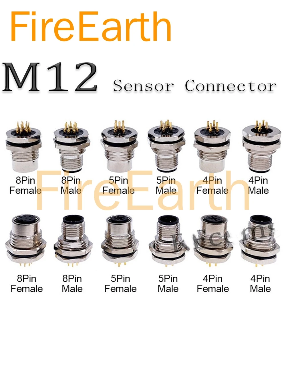 

M12 PCB Front Mount Socket 3 4 5 6 8 12 17 Pin D Code B Code Sensor Connector Waterproof Panel Nut Socket