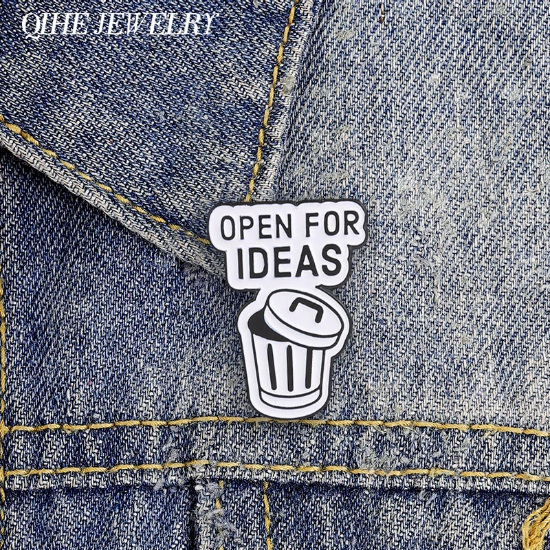 Open For Ideas Trash Can Cartoon Enamel Pin Sarcastic Humor Office Dumpster Alloy Brooch Backpack Clothes Hat Badge Jewelry Gift