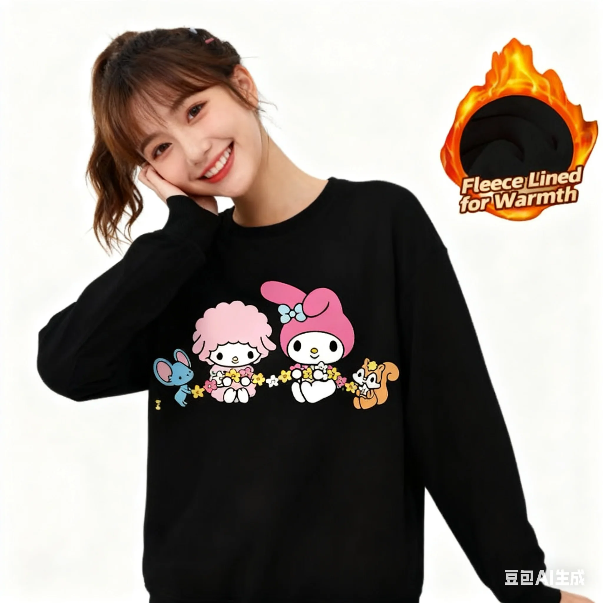 Sanrio Series Printed Crew Neck Long-Sleeve Top, Cute and Warm Fleece-Lined Crew Neck Long-Sleeve T-Shirt, 100% Cotton