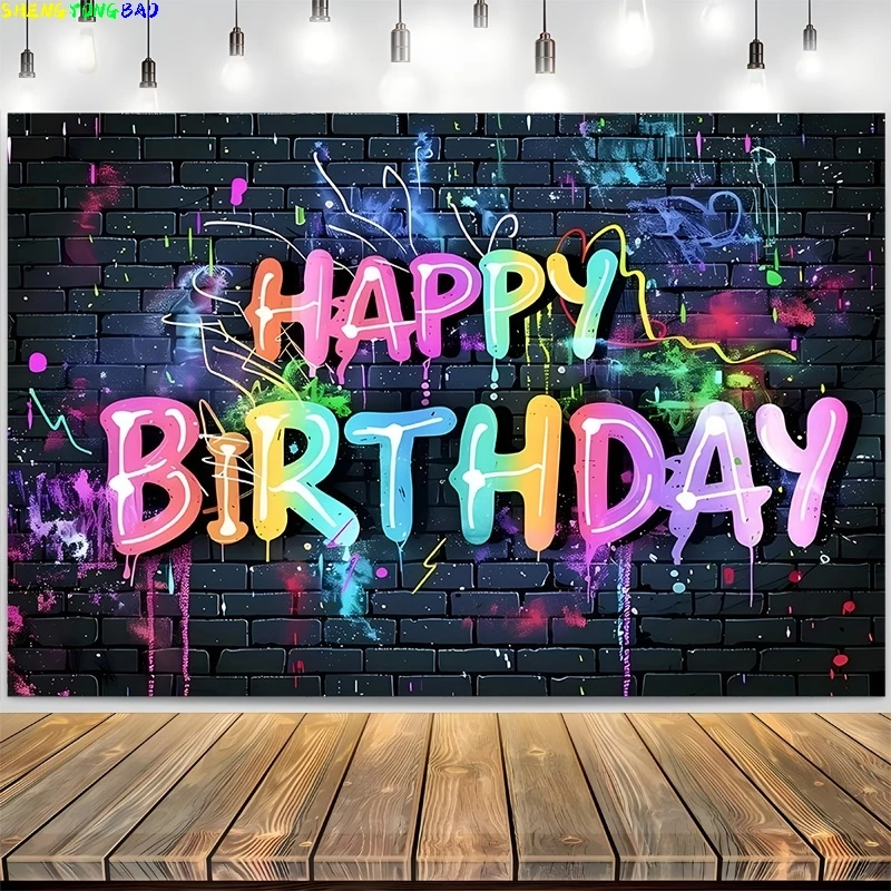 

Happy Birthday Backdrop Neon Glow Party Brick Wall Splatter Graffiti Photography Background Banner Photo Shoot Decor Props RR-01