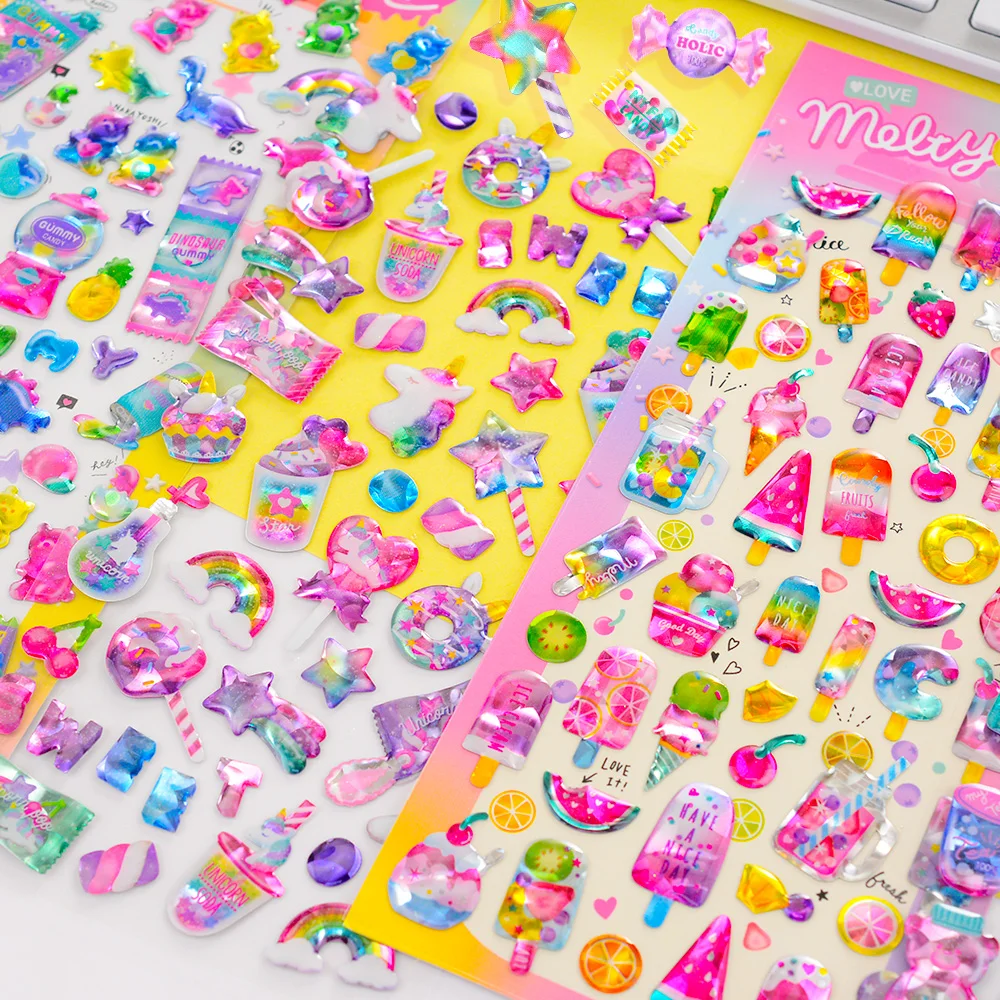 

3 pcs/6 pcs Dessert Candy Sweet Animals 3D Crystal Decor Stickers Scrapbooking Diy Journaling Diary Stationery Sticker School