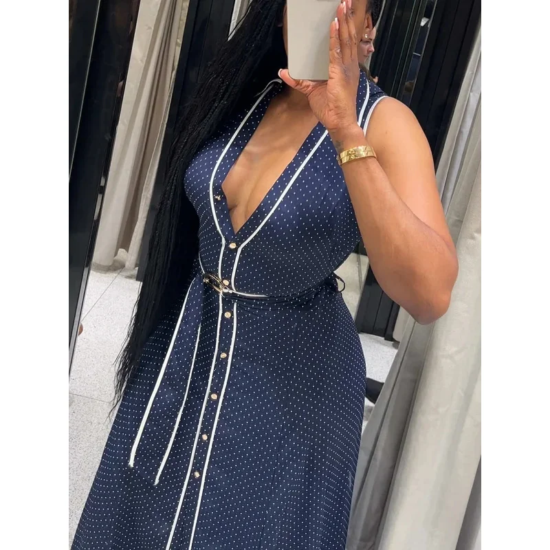 

Elegant Sleeveless Single-Breasted Midi Dress for Women Summer Lapel White Polka Dot Shirt Style Illustration Dress for Ladies