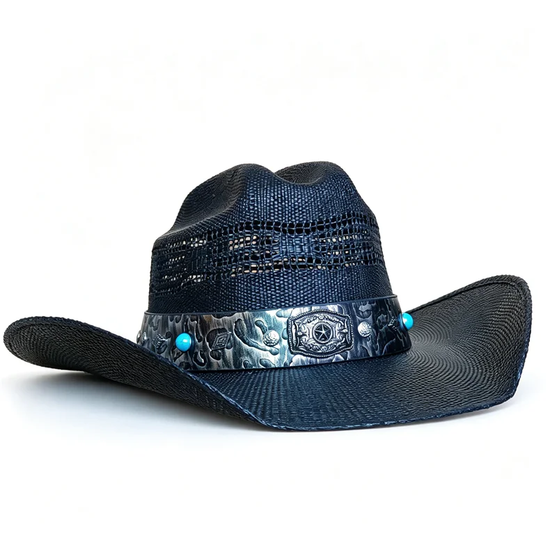 Leather-Trimmed Straw Cowboy HWestern Cowboy Hat Handmade Straw Weaving Beach Sun Hat Gentleman Cowgirl Jazz Hat Sombrero Hombre