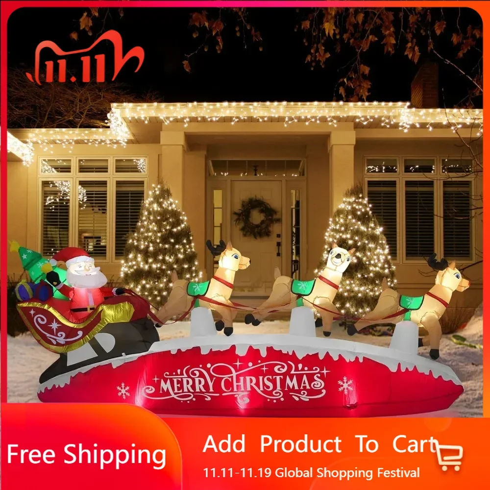 10 FT Santa Sleigh with Reindeer Christmas Inflatables Outdoor Decorations, Christmas Blow Up Yard Decorations for Garden