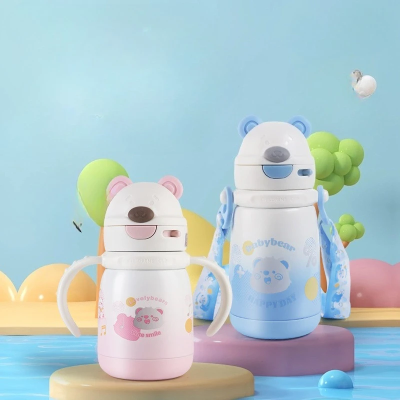 

Портативный ремешок с мультяшным медведем, изолированная чашка из нержавеющей стали, съемная ручка с предохранительным замком, детская соломенная чашка