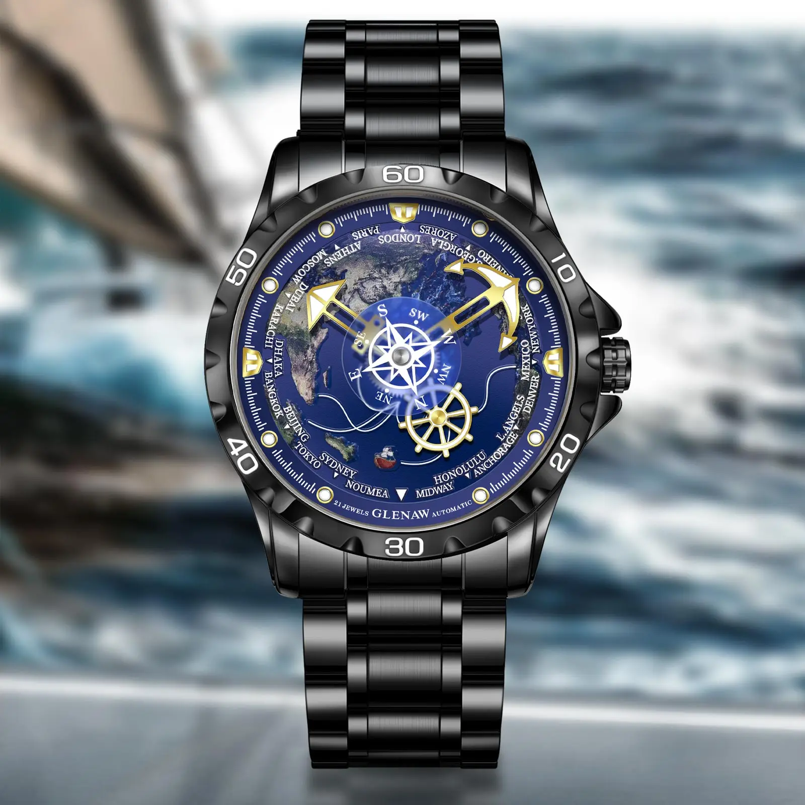 ساعة Glenaw Navigator Series ميكانيكية أوتوماتيكية بالكامل باللون الذهبي والفضي ثنائي اللون وساعة كاجوال راقية