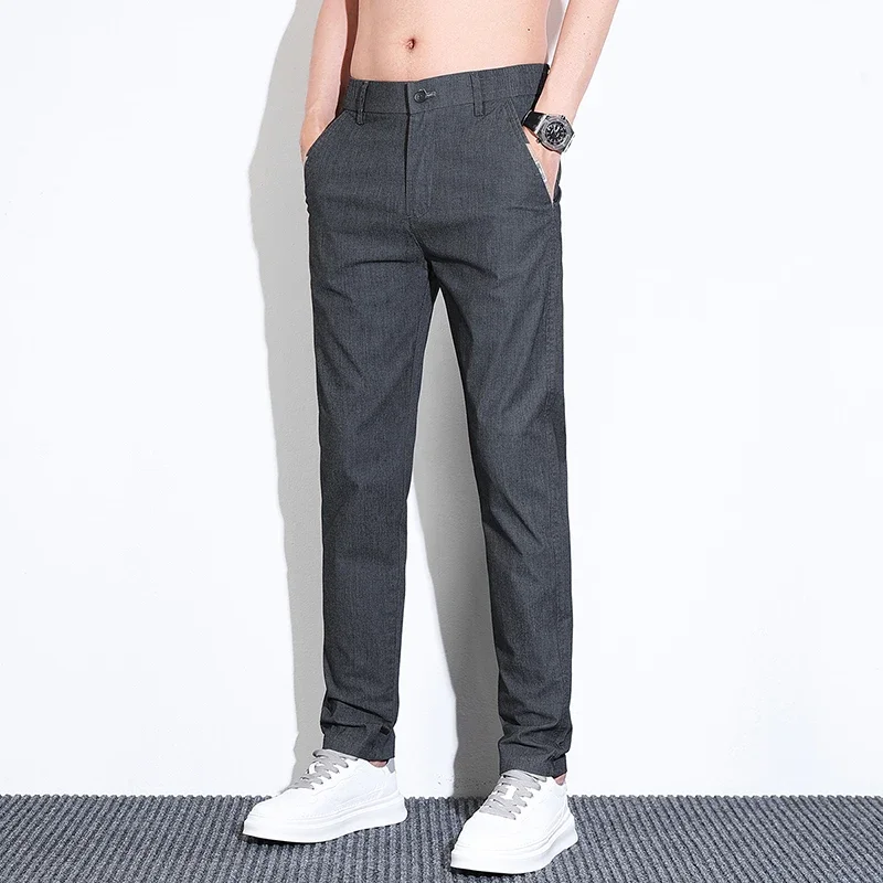 Summer Thin Men\'s Light Business Casual Pants Khaki Stretch Soft Straight Leg Breathable Slim Fashion Casual Trousers Male