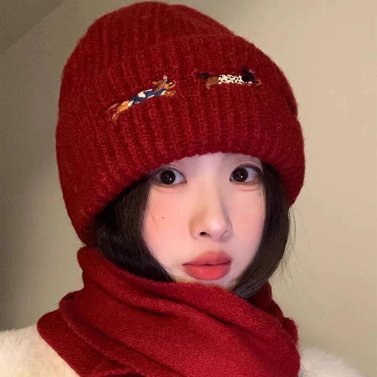 Gorro bordado con perro bonito para mujer, gorro cálido de punto grueso para invierno, gorro de ganchillo con protección para los oídos antifrío a prueba de viento para mujer