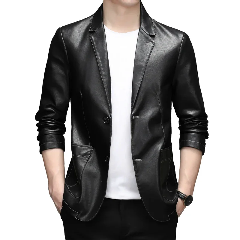 

2024 New Korean Slim Thin Trend Leather Jackets Dress Suit Coat Male Jackets Male Business Leather Jackets Men's Leather Blazers