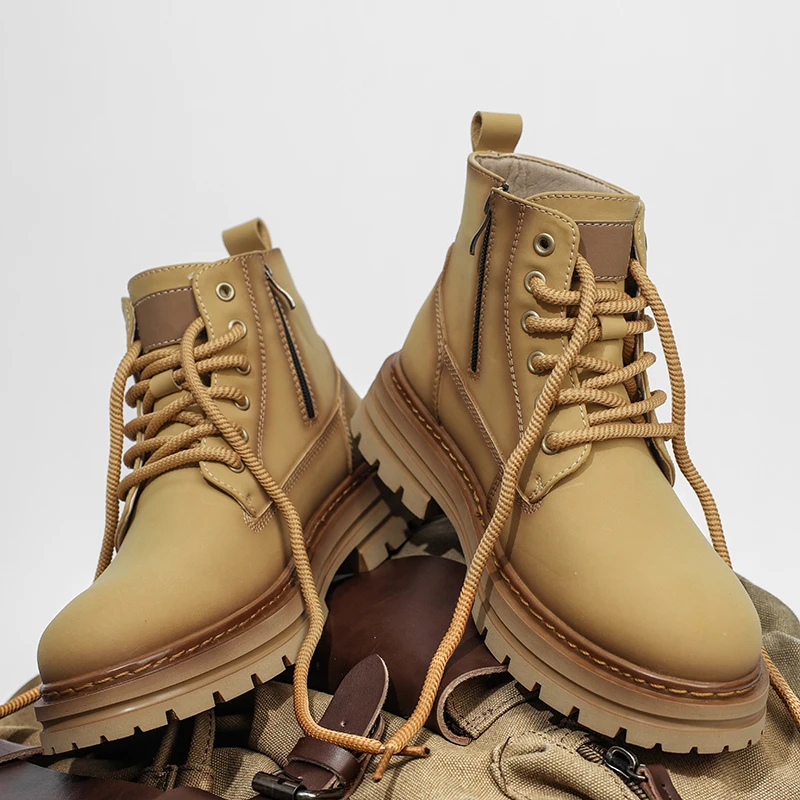 أحذية رجالية عالية الجودة، أحذية جلدية عتيقة عالية الجودة، أحذية رياضية عصرية للاستخدام الخارجي، أحذية كاحل مضادة للانزلاق برباط للرجال