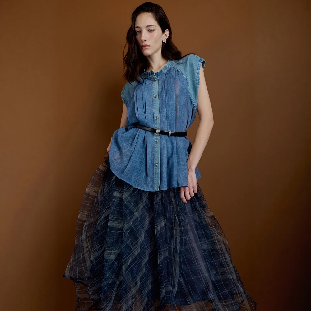 

Summer Casual Denim Svel irt Me Splicing Versatile Original Design Loose Fit round Ne Pure Color Button Closure