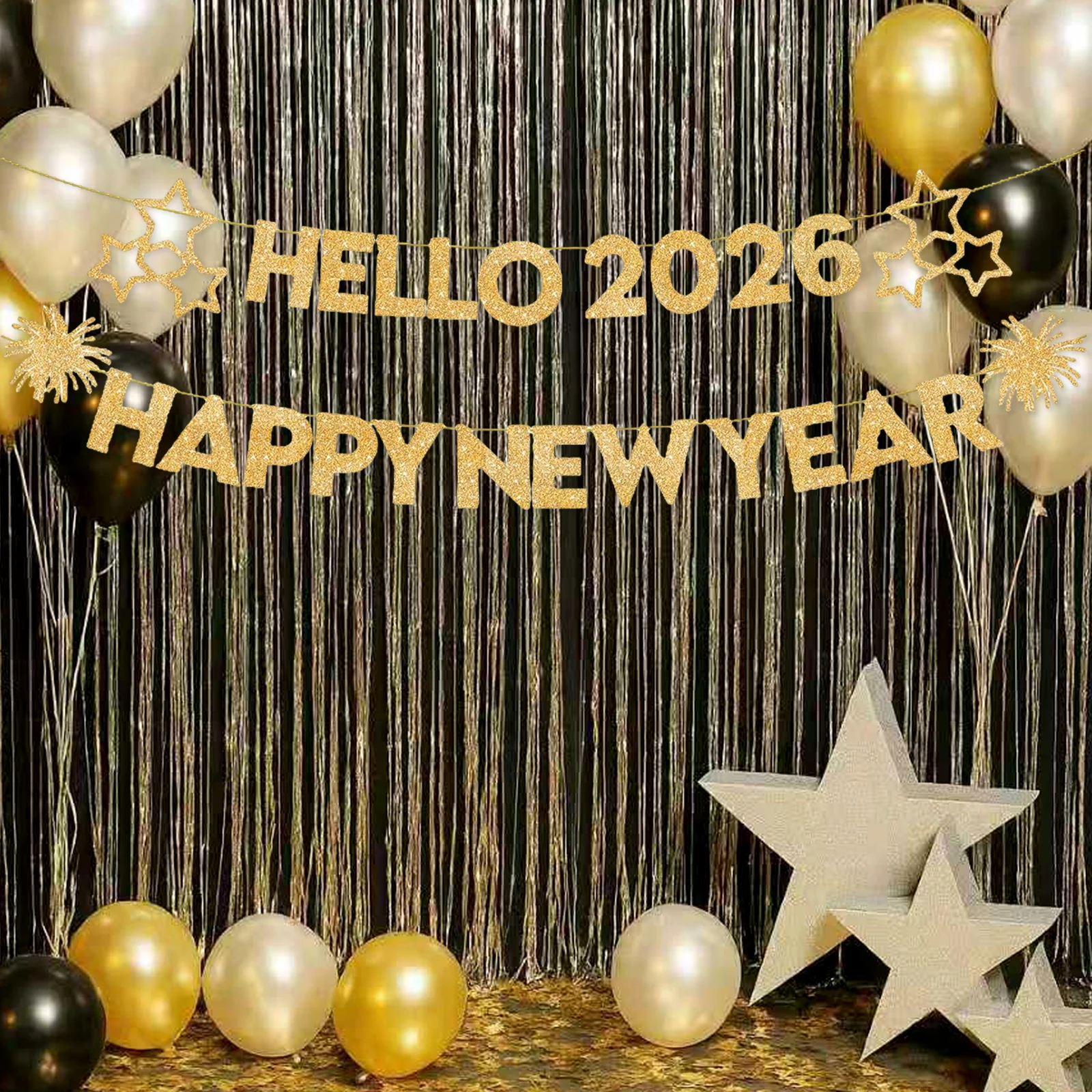 مرحبا 2026 NYE زينة بريق سنة جديدة سعيدة راية ذهبية ليلة رأس السنة زينة الحفلات 2026 لوازم NYE تسجيل جارلاند