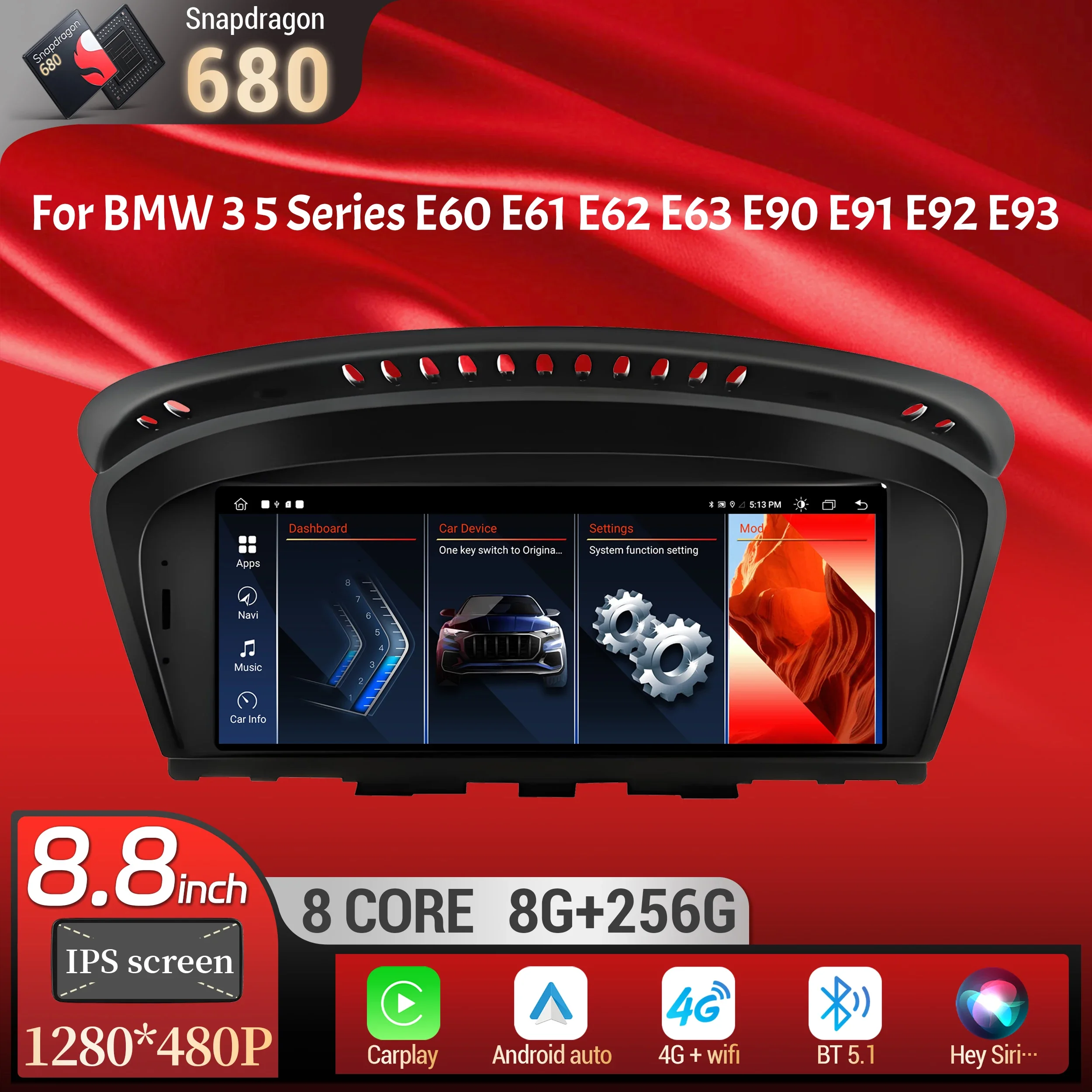 8,8-дюймовый Android 14 для BMW 3 5 серии E60 E61 E62 E63 E90 E91 E92 E93 Беспроводной BT Carplay Qualcomm Snapdragon 680 Сенсорный экран