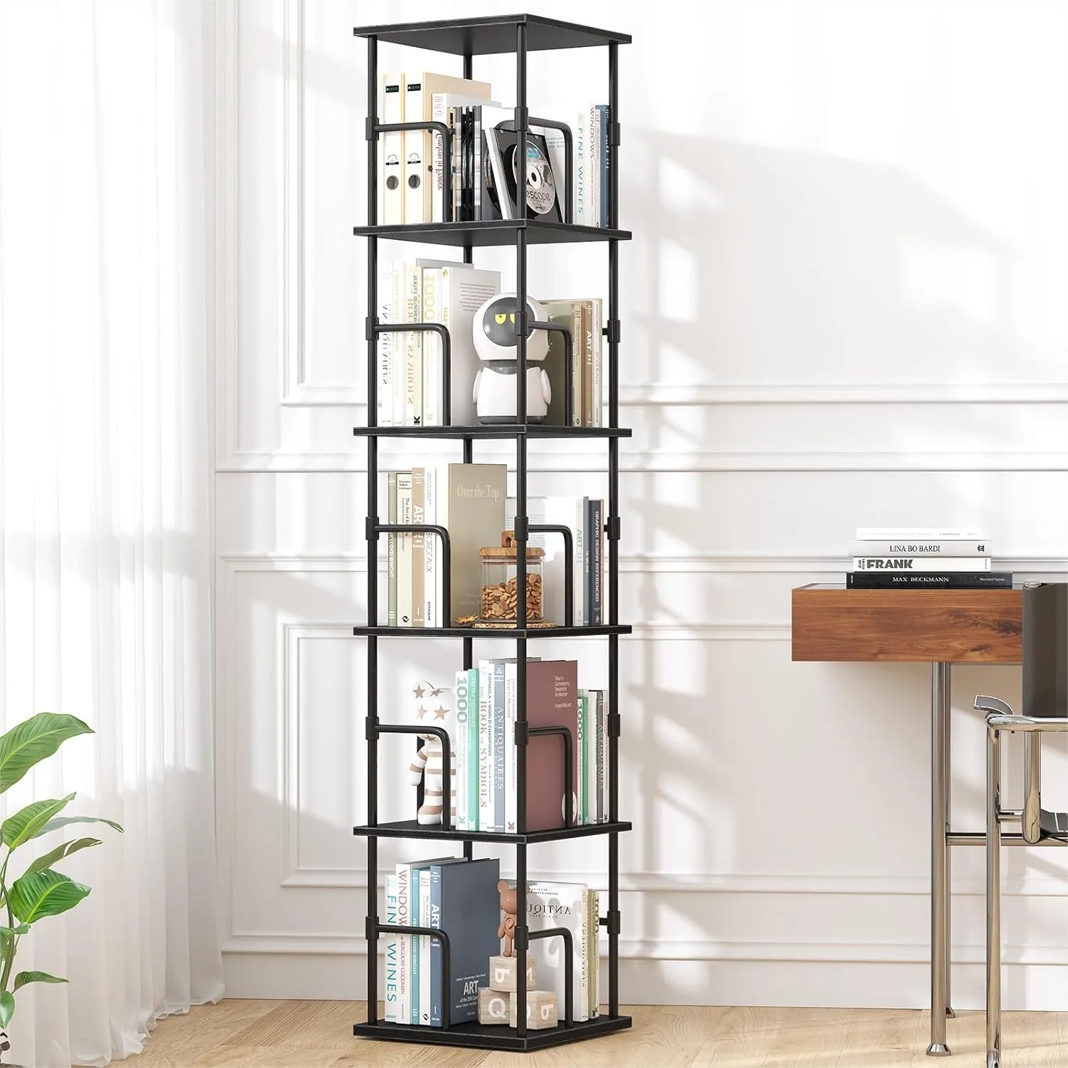 

5-Tier Rotating Bookshelf, Freestanding Corner Storage Rack with Safety Rails, Industrial Style for Living Room, Bedroom