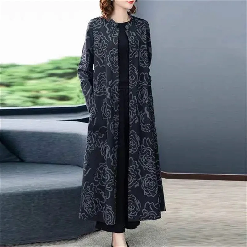 

2024 New Middle-Aged and Elderly Women's Spring Autumn Windbreaker Coat Holiday Bright Silk Long Trench Coat For Mother Size 5XL