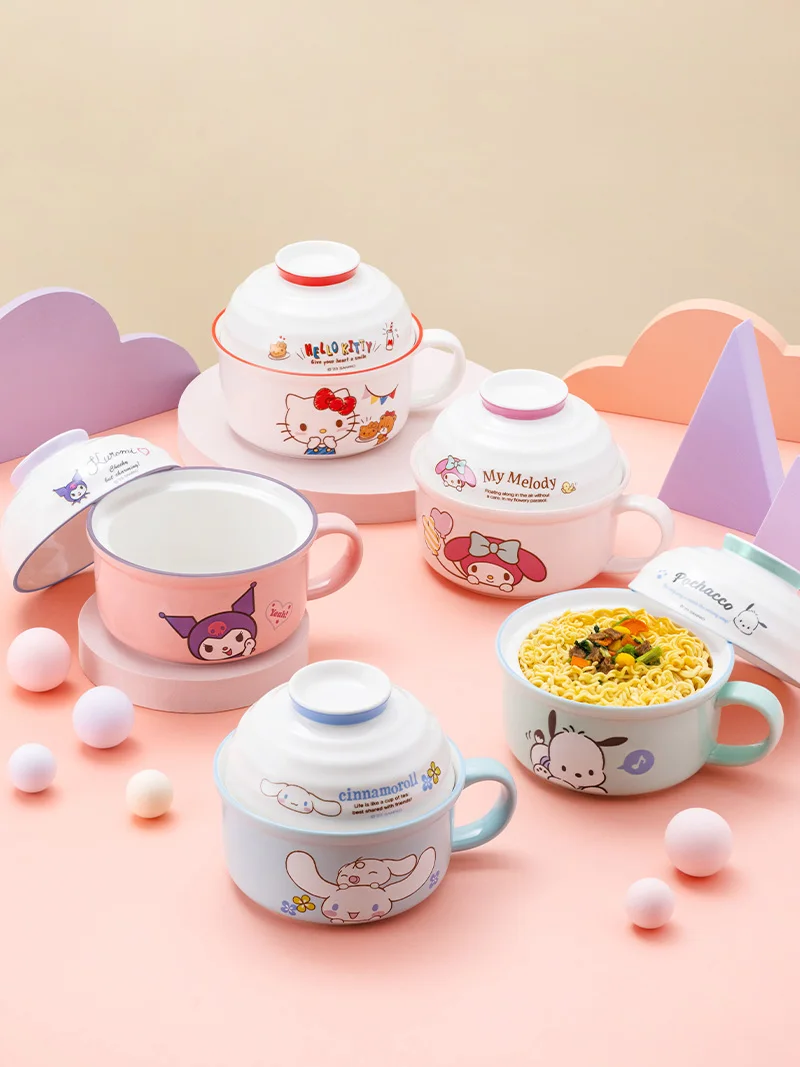 

Sanrio Kawai HelloKitty Melody Kuromi Pochacco Cinnamoroll Anime Cartoon Cute Student Healthy Safe Instant Noodle Bowl with Lid