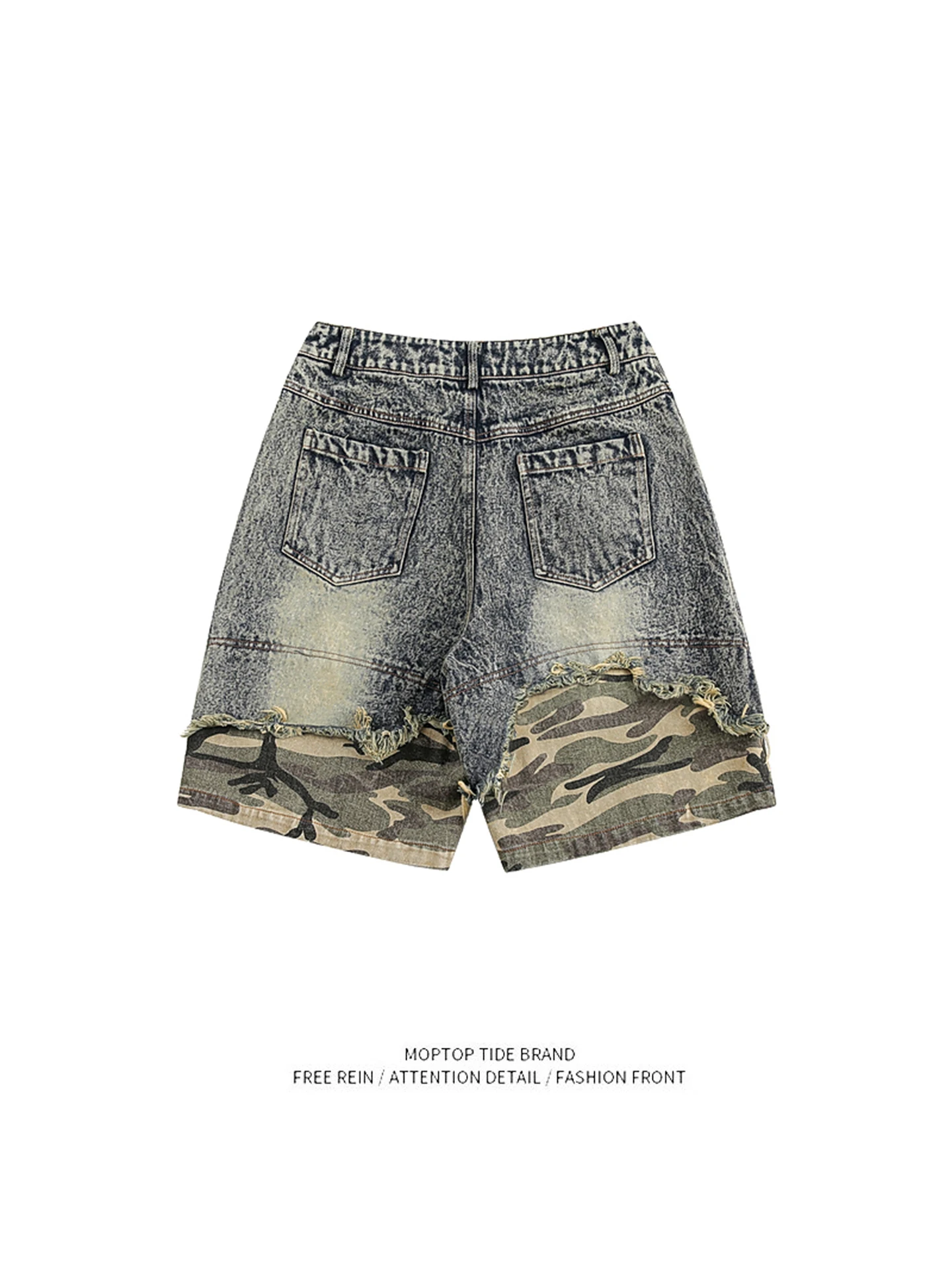 レトロアメリカン迷彩パッチワーク色褪せデニムショートパンツメンズルーズストリートスタイル五分丈パンツ若々しい活力スタイル