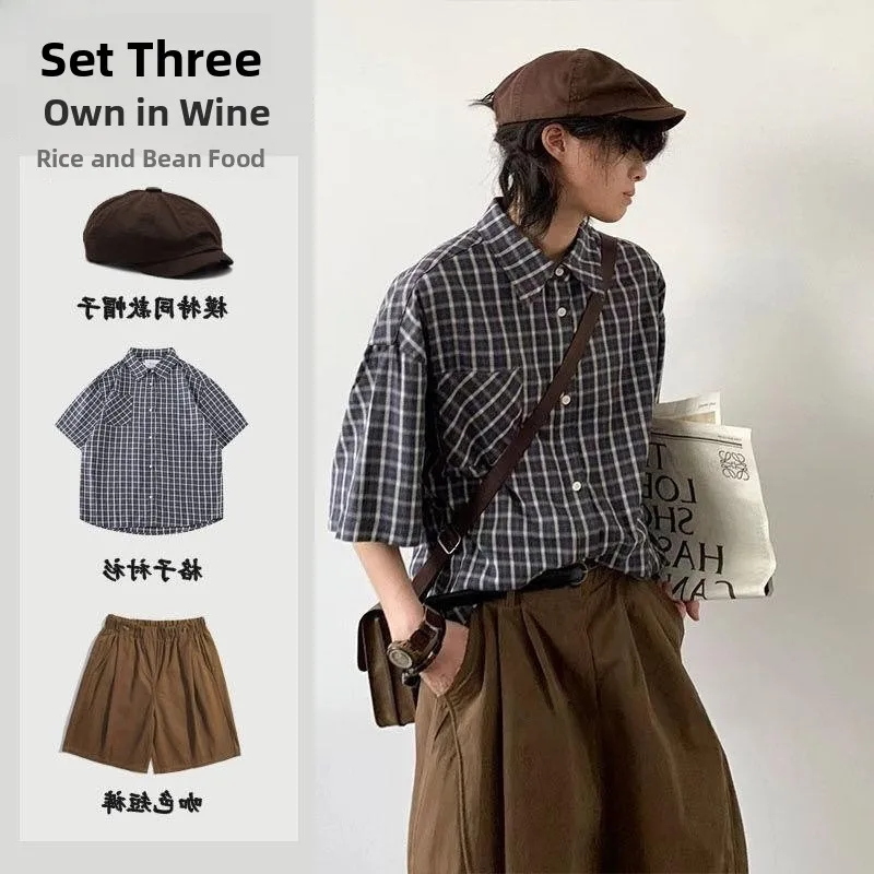 

Retro Summer ey Blue Plaid ort Sve Loose Men's irt Ame Ka Ki College Sle Set Casual Autumn Nine-Piece Pants