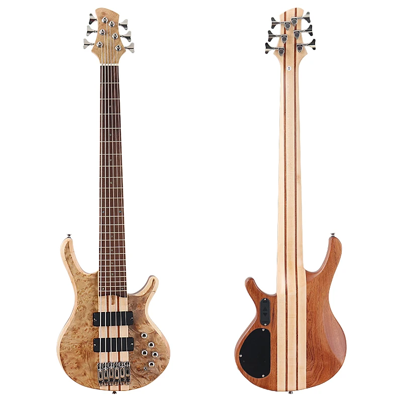 High Grade 6 String Bass Guitar Black 43 Inch Electric Bass Guitar 24 Frets Solid Okoume Wood Body with One Piece Tree burl Top