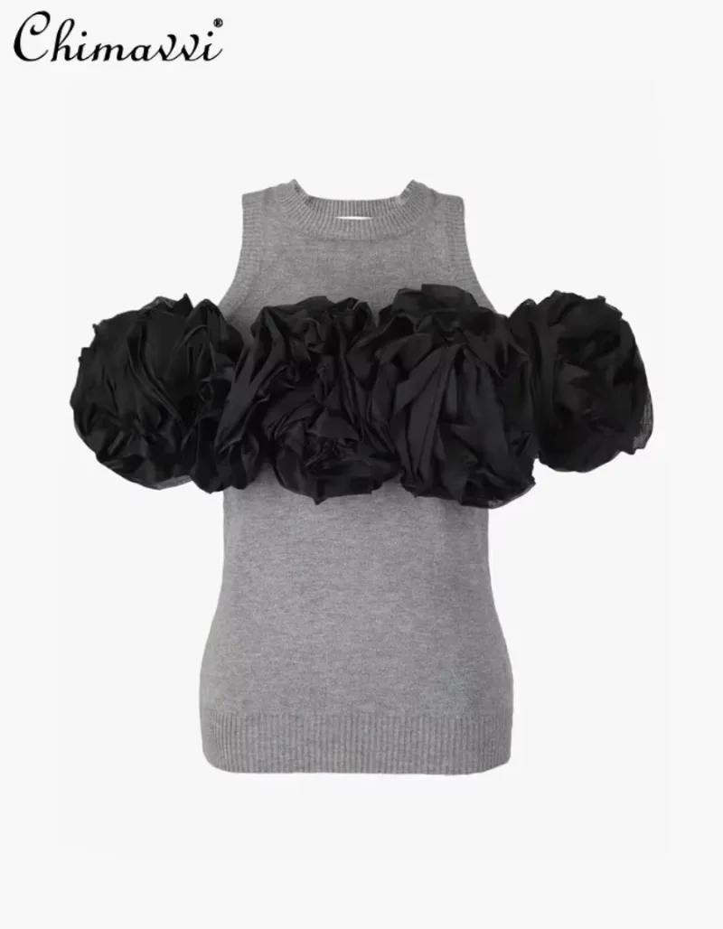 Japanese Sexy Girls Off-the-shoulder 3D Big Flower Round Neck Elastic Sleeveless Knitted Sweater Summer New Pullover Women's Top