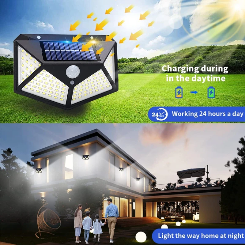 Lâmpada de parede solar exterior com sensor de movimento PIR, luzes impermeáveis estrada, jardim, Home Decor, pátio, 100 LED