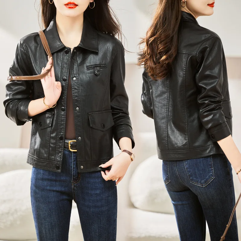 Leather jacket women's short style 2024 spring and autumn season new small figure lapel single breasted sheep leather jacket top