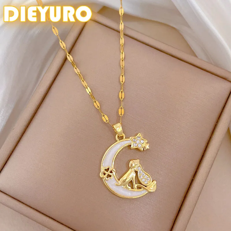 DIEYURO 316L Stainless Steel FashionSweet Cat Moon Star Pendant Necklace For Women New 2024 Trend Clavicle Chain Jewelry Gift