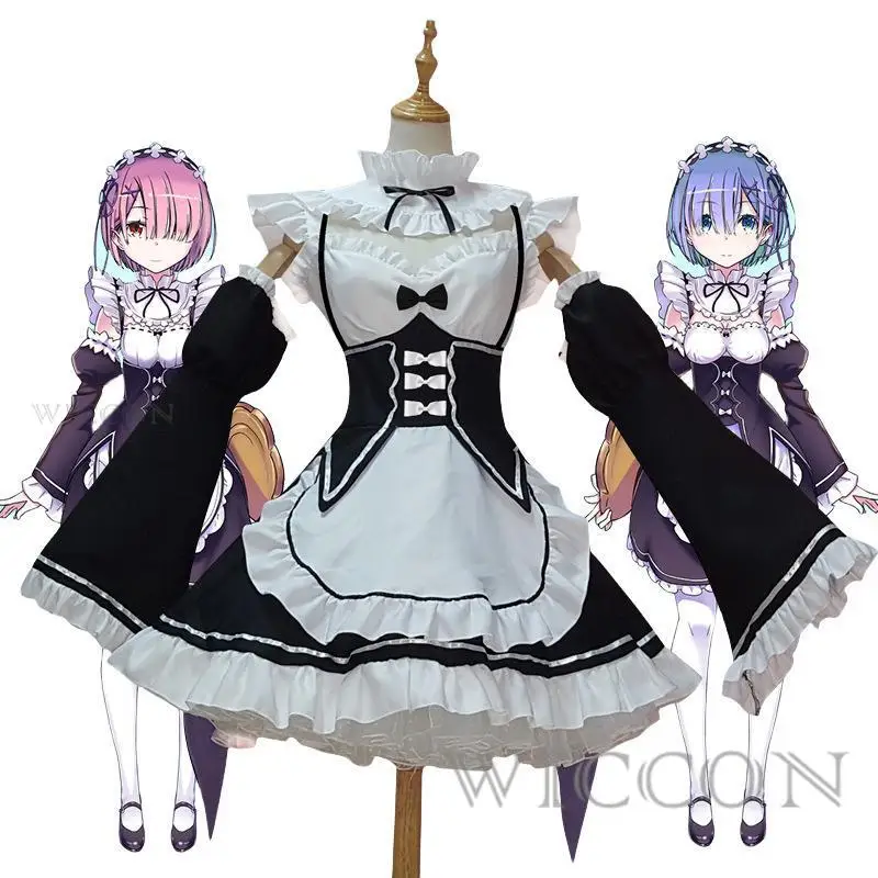 Anime Ram Rem Lolita Maid Cosplay Costumes Vestido Re:zero Kara Hajimeru Isekai Seikatsu Halloween Costumes for Women Loli Dress