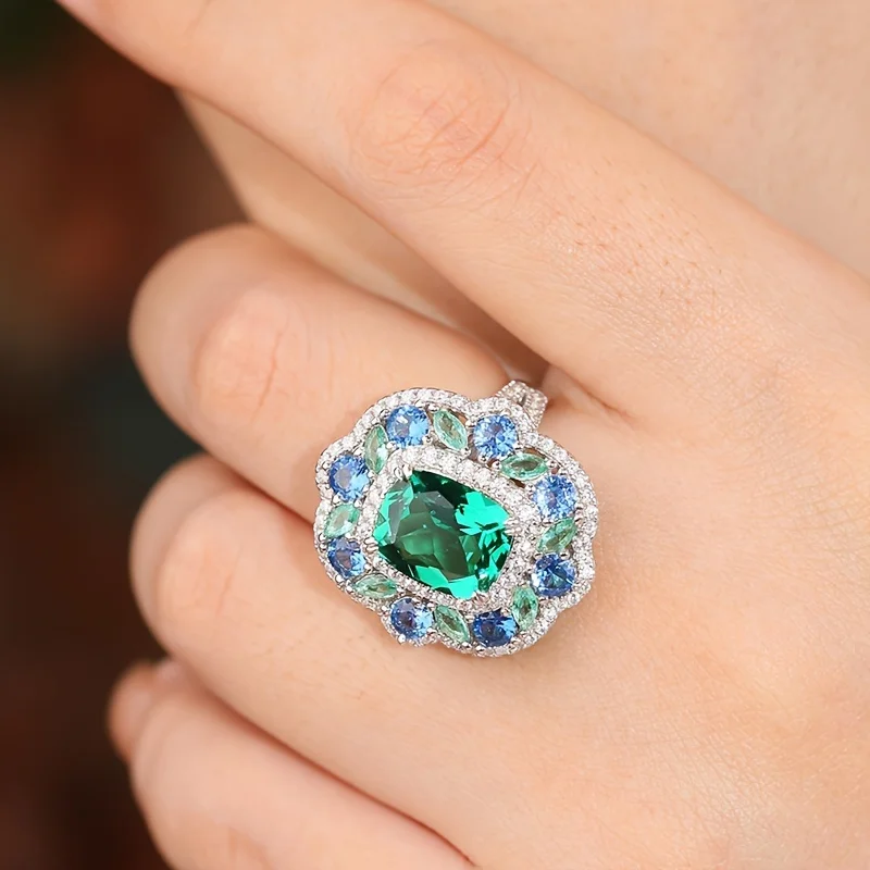 S925 Silver 5 Carat Tourmaline Green Zircon Ring Colored Gemstone