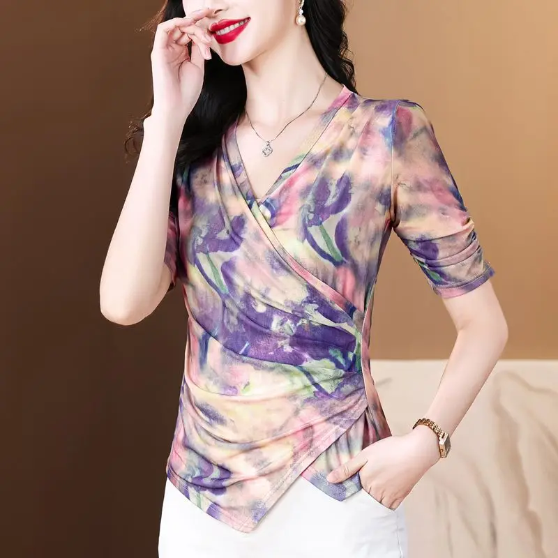 Fashionable Tie-dye Mesh T-shirt V-neck Pleated Waist-hugging Shirt Women's Summer New Light Luxury Mid-sleeved Top