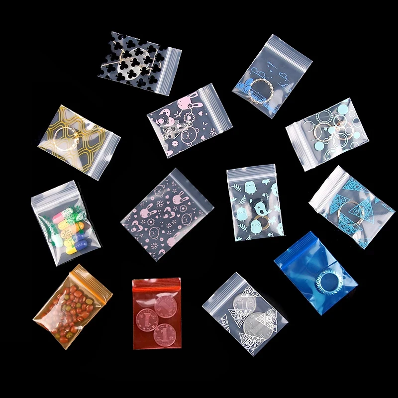 100Pcs Mini Zip Lock Bags Storage Bag Cartoon Printed Reclosable Clear Plastic Bag Reusable Jewelry Ziplock Packaging Pouches